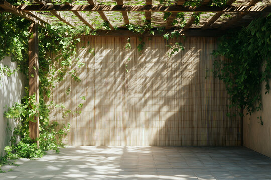 Sunlight casting shadows in a peaceful pergola setting with climbing plants sukkah Sukkot