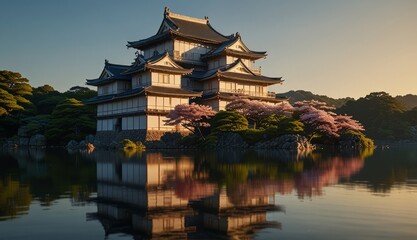 Serene Japanese Temple Reflected in Water