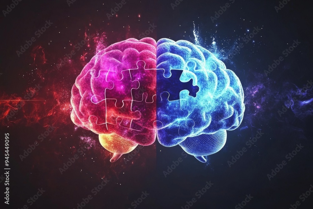 Poster vivid digital brain with dual color puzzle patterns depicting the interplay between logical and crea
