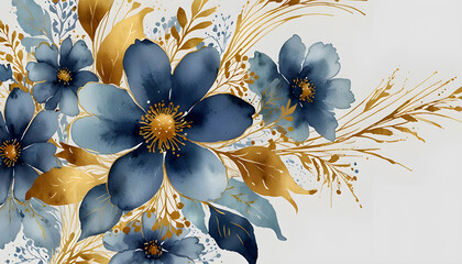 Watercolor abstract romantic floral frame with Blue and gold flower on white background. Generative AI	