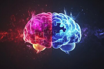Vivid Digital Brain with Dual Color Puzzle Patterns Depicting the Interplay Between Logical and Creative Thought Processes in a Futuristic Context