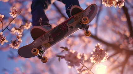 Skateboard Underneath Blooming Cherry Blossoms