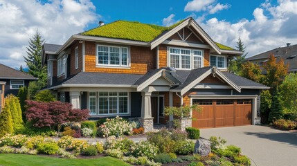 Modern suburban house with a green roof, large windows, and a manicured lawn.