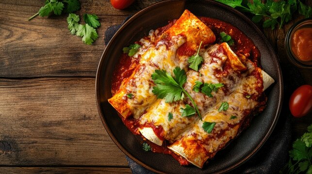 A plate of Southwestern-style chicken enchiladas with red sauce, seen from above, with ample copy space.