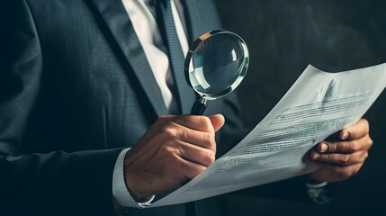 Lawyer Analyzing Insurance Claim Document with Magnifying Glass for Careful Legal Review and Scrutiny
