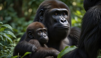Obraz premium Tender Moment: Mother and Baby Gorillas