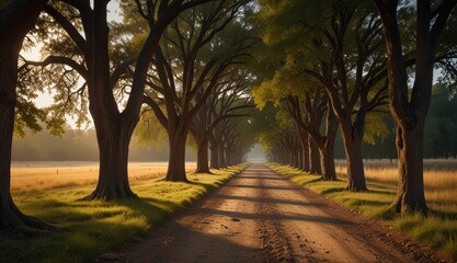 Obraz premium Serene Tree-Lined Pathway at Sunrise