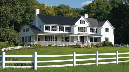White farmhouse with black shutters and wraparound porch sits behind a white picket fence.