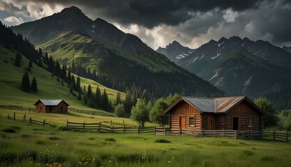 Obraz premium Serene Mountain Cabin Landscape