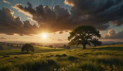 Fototapeta premium Golden Sunrise Over Rolling Hills