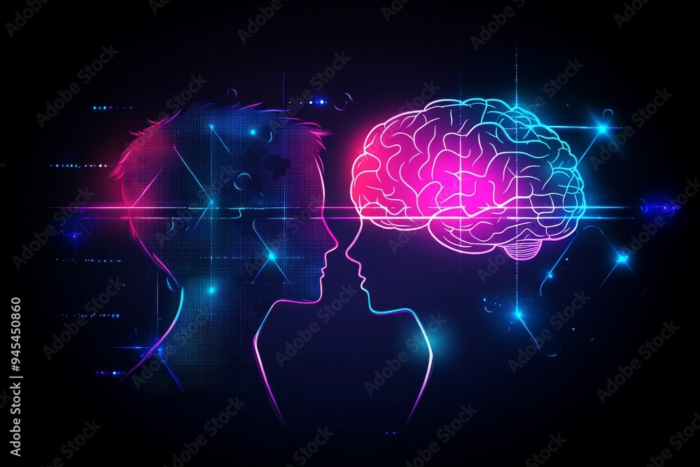 Poster vivid neon digital brain illustration depicting the complex interactions of neural networks and thou