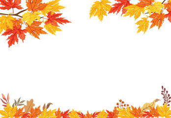 Colorful fall autumn leaves and branches frame, border, overlay isolated on transparent background. Banner with abstract red, yellow, orange leaves. Modern botanical flat vector illustration.