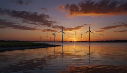 Sunset Over Wind Turbines Reflection