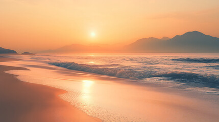 minimalist coastal scene with warm sunset hues reflecting on the calm ocean waves and sandy shoreline serene and tranquil atmosphere