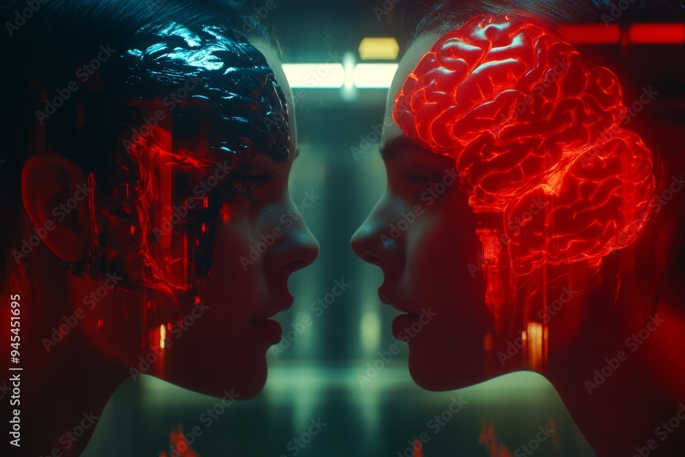 Poster futuristic portrait of dual human heads with glowing red brain structures depicting the cognitive an
