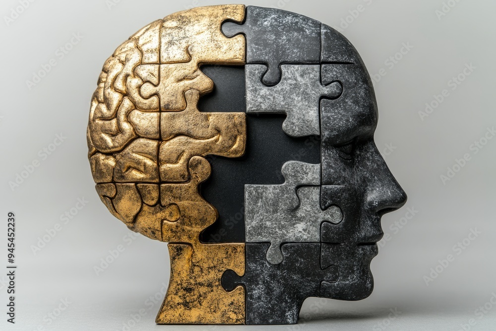 Poster abstract sculptural portrait of dual heads with puzzle patterns depicting the fragmentation and reas