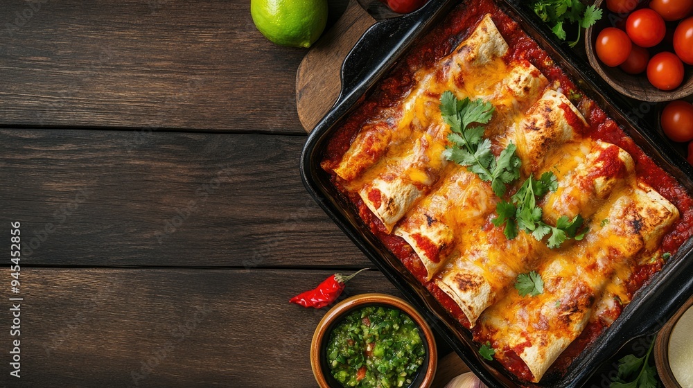 Poster a top view of beef enchiladas with red and green salsa, with ample copy space for text.