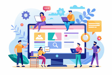 Website development, build homepage layout or html designer, SEO search engine optimization or site template creation concept, business people help carry web banner create website on computer screen. 