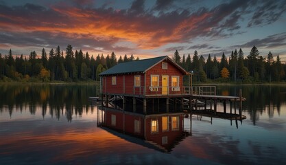 Fototapeta premium Serene Lakeside Cabin at Sunset