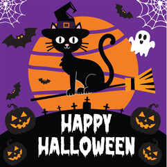 Black cat background with pumpkins witch hat, spooky and bats