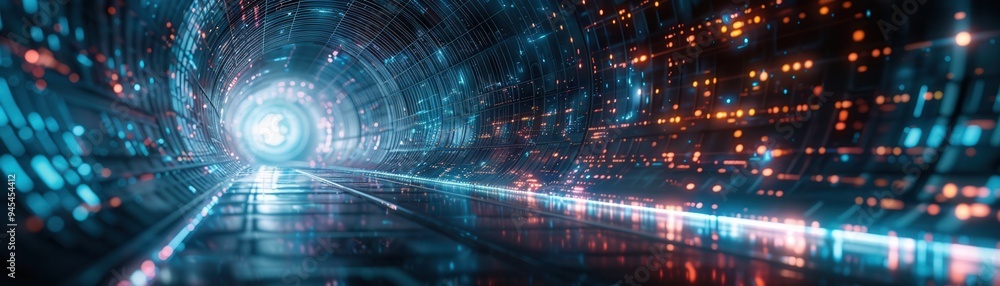 Poster futuristic digital tunnel with glowing lights and a bright endpoint, representing technology and dat
