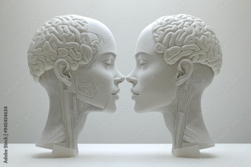 Poster monochrome digital sculpture of twin female faces with interlinked brains reflecting unity duality a