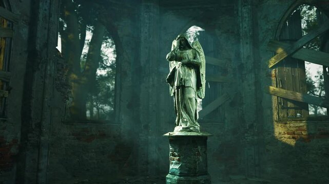 Inside the derelict walls of an ancient monastery, a statue stands in solitude amidst the decay and neglect.