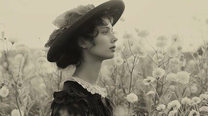A Woman in a Lace-Trimmed Hat, Gazing at Flowers