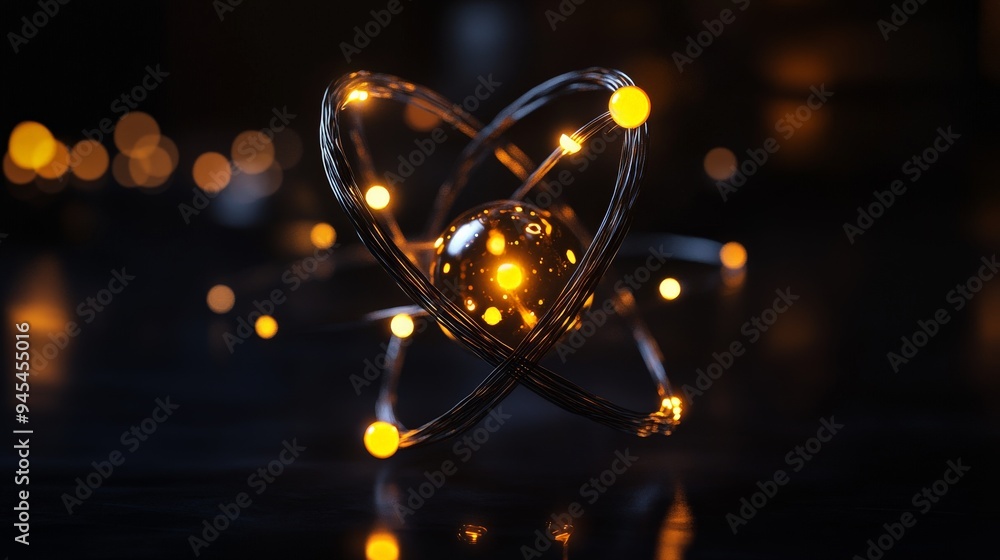 Poster a glowing model of an atom with illuminated electrons orbiting around a central nucleus, set against