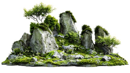 Green Mossy Stones Isolated on White Background