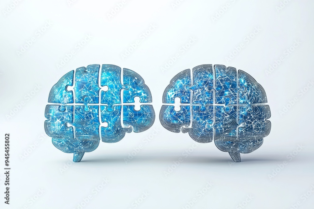 Poster digital illustration of two blue brains interconnected by puzzle pieces symbolizing collaborative th
