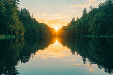 A tranquil sunrise over a still lake with reflections of dense green forest, creating a calming and peaceful scenery perfect for nature and landscape enthusiasts.