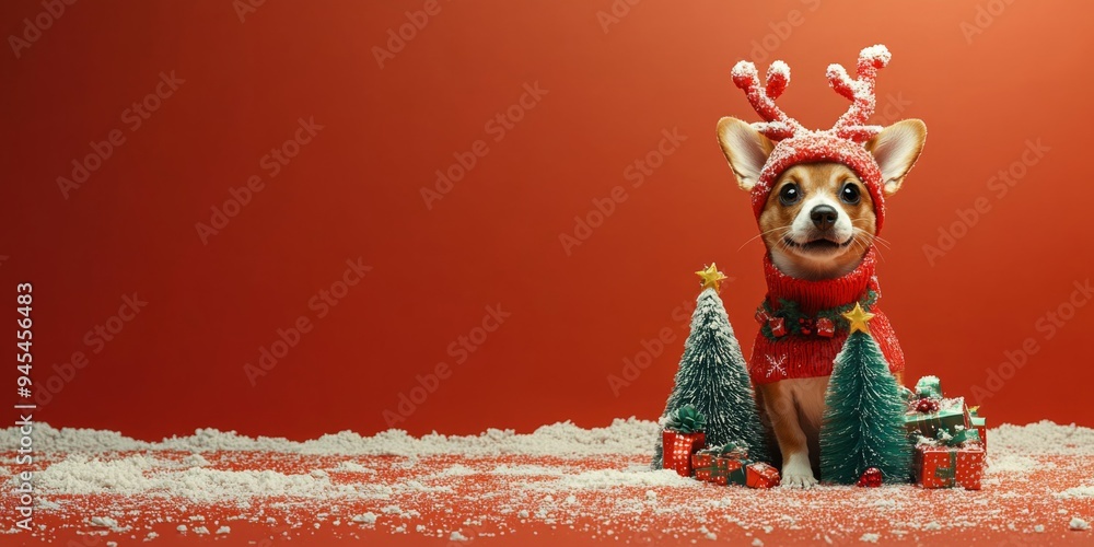 Wall mural A dog dressed as a reindeer with Christmas Tree on Red Background, Joyful Holiday Theme.