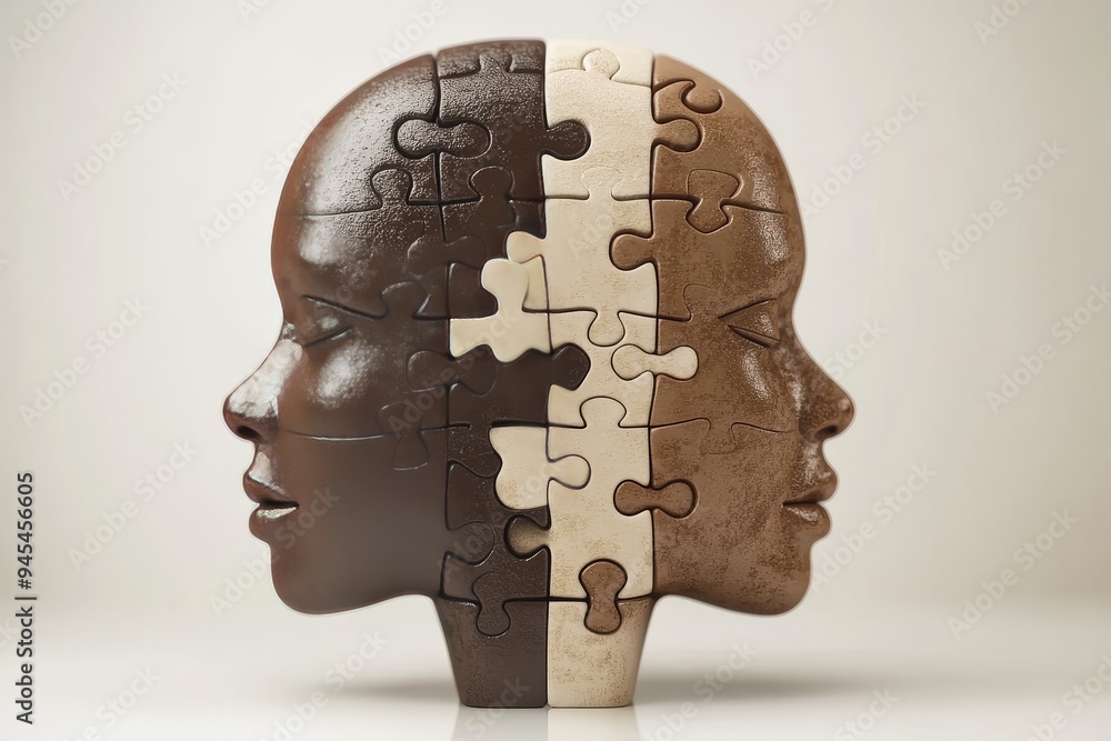 Poster digital artwork of a head with half human and half puzzle brain exploring the duality of human cogni