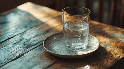 Clear glass of water on a rustic wooden table in warm afternoon light