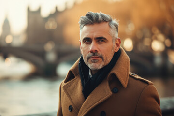 Elegant Middle-Aged Man by River at Sunset