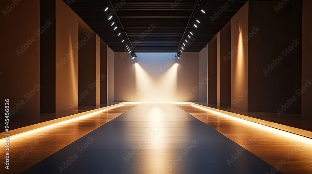 Aufkleber an elegant, simple runway with minimal lighting and intimate vibes, with room for text.