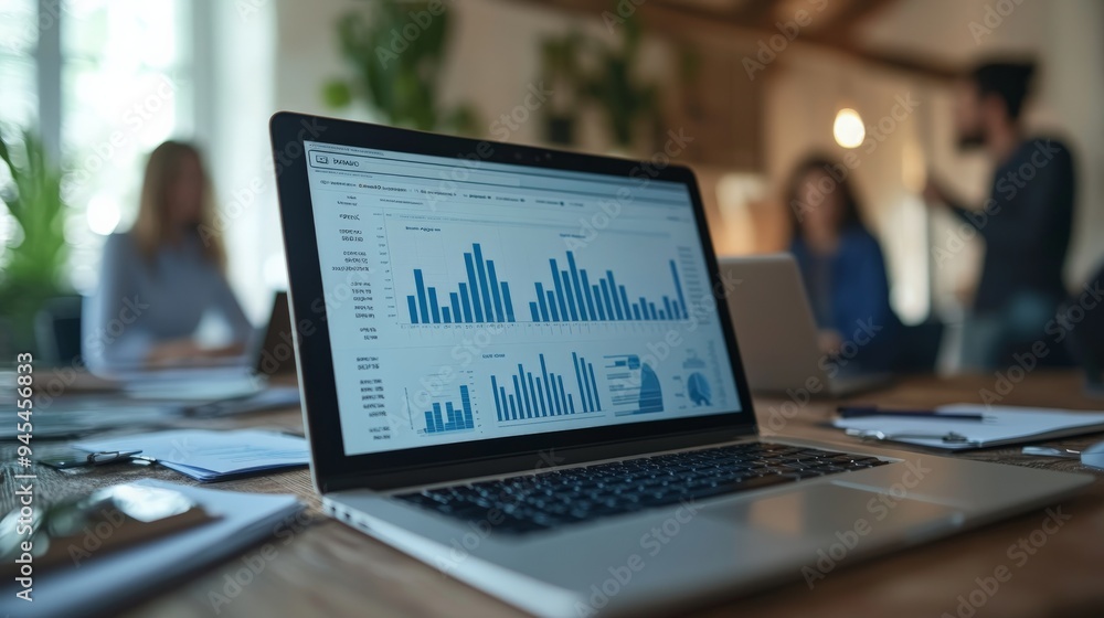 Fototapete an open laptop displaying business data analytics with bar charts during a meeting, with blurred off