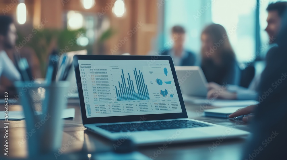 Aufkleber A laptop displaying various blue-colored graphs and data analytics on the screen rests on a desk during an office meeting, surrounded by professionals working collaboratively.