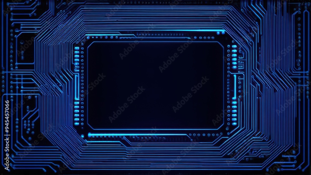 Fototapete thin circuit trace lines in blue on a dark technology background. abstract digital tech bg. electron