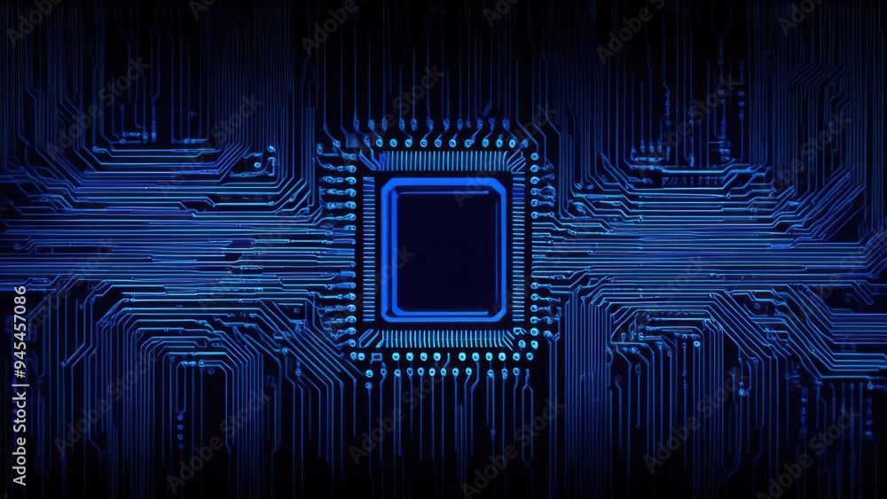 Fototapete thin circuit trace lines in blue on a dark technology background. abstract digital tech bg. electron