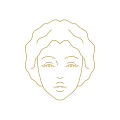 Elegant young woman model face minimal golden line art icon for beauty salon vector illustration. Luxury female portrait linear logo insignia for hairdresser skin care cosmetic brand