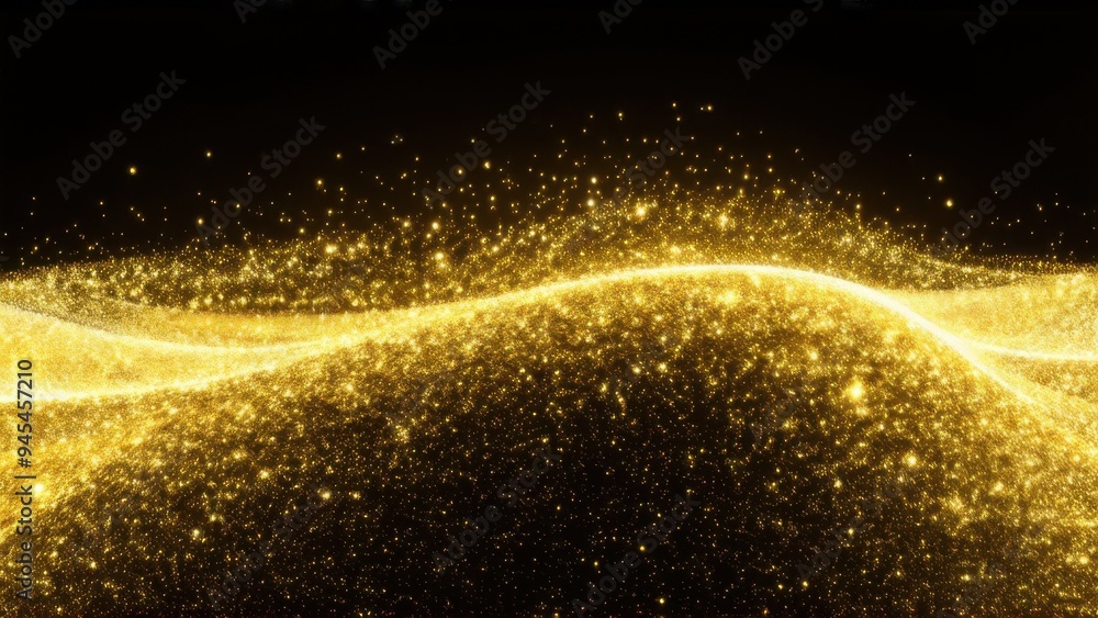 Poster gold shiny abstract wave. design element with glitter effect on black background