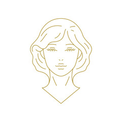 Romantic woman face silhouette with natural beauty minimal golden line art icon vector illustration. Elegant female young model portrait luxury insignia for cosmetic brand skin care hair salon