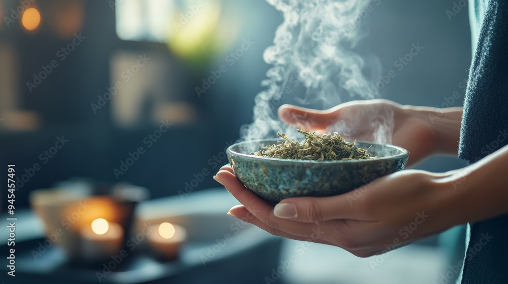 Poster hands hold a bowl of steaming herbs in a tranquil spa setting, representing the essence of holistic 