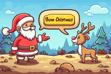 Fototapeta premium Christmas Cartoon Illustration of Santa Claus Greeting a Reindeer in a Fantasy Winter Wonderland