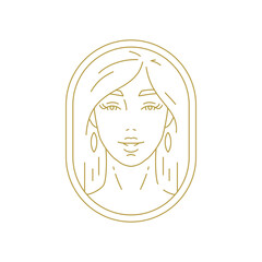 Elegant beauty woman portrait in frame minimal golden line art icon vector illustration. Fashion romantic female face in earrings premium monochrome logo for cosmetic makeup cosmetology brand