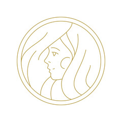Romantic beauty woman face hair in circle frame minimal golden line art icon vector illustration. Elegant feminine young model lady round portrait logo for coiffure hairdresser makeup fashion brand