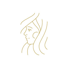Woman face with hair minimal silhouette golden line icon vector illustration. Beautiful female portrait elegant hand drawn lady profile logo for coiffure hairstyle makeup cosmetic skin care brand