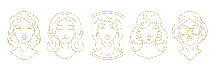Fashion beauty magic woman portrait minimal golden line art icon set vector illustration. Elegant feminine model face with hair sunglasses premium logo for makeup cosmetic coiffure spa wellness brand